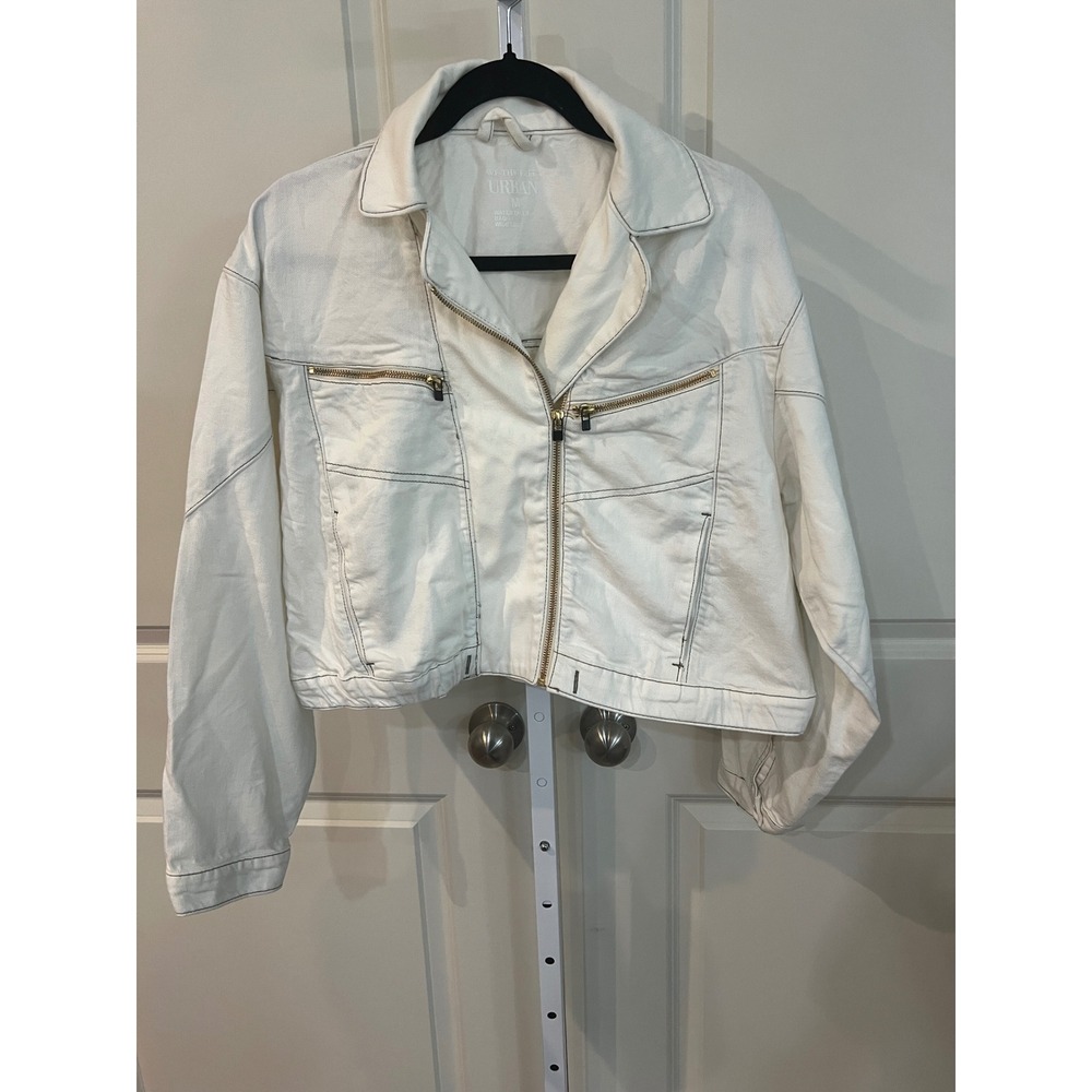 Free People We The Free Urban Moto Jacket White Denim Cropped Zip Up Medium - Picture 2 of 8